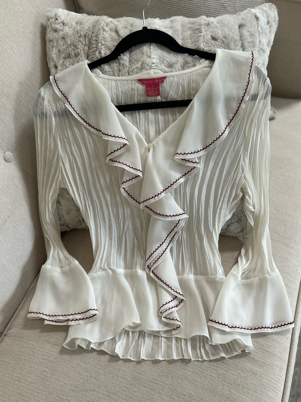 Sunny Leigh Creamy White Ruffled V-Neck Blouse with Burgundy Trim